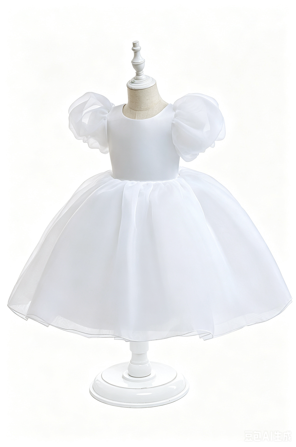 White Organza Puff Sleeve Satin A-Line Flower Girl Formal Dress