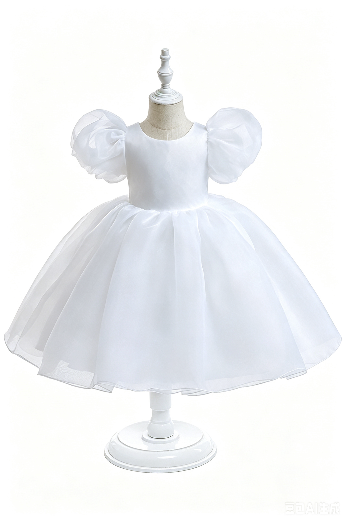 White Organza Puff Sleeve Satin A-Line Flower Girl Formal Dress