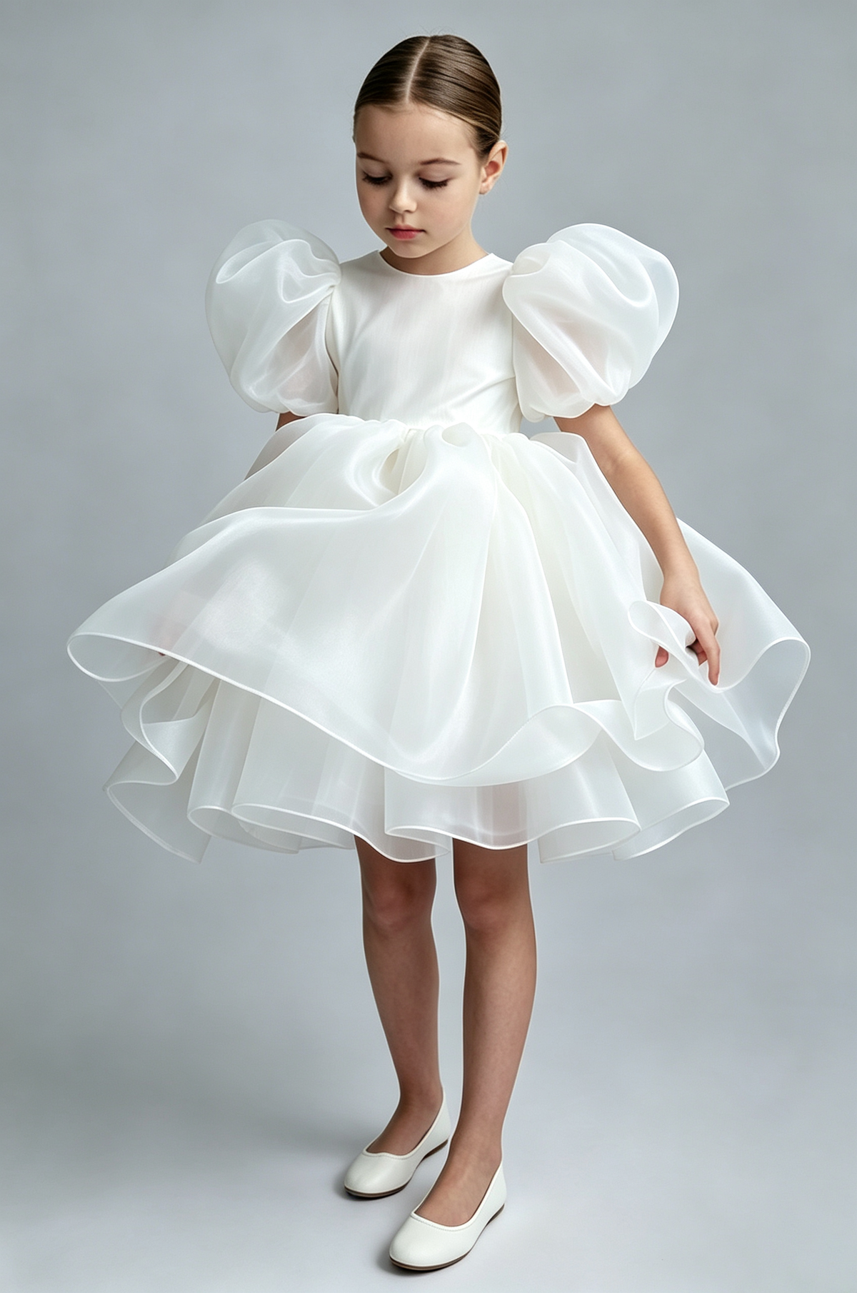 White Organza Puff Sleeve Satin A-Line Flower Girl Formal Dress