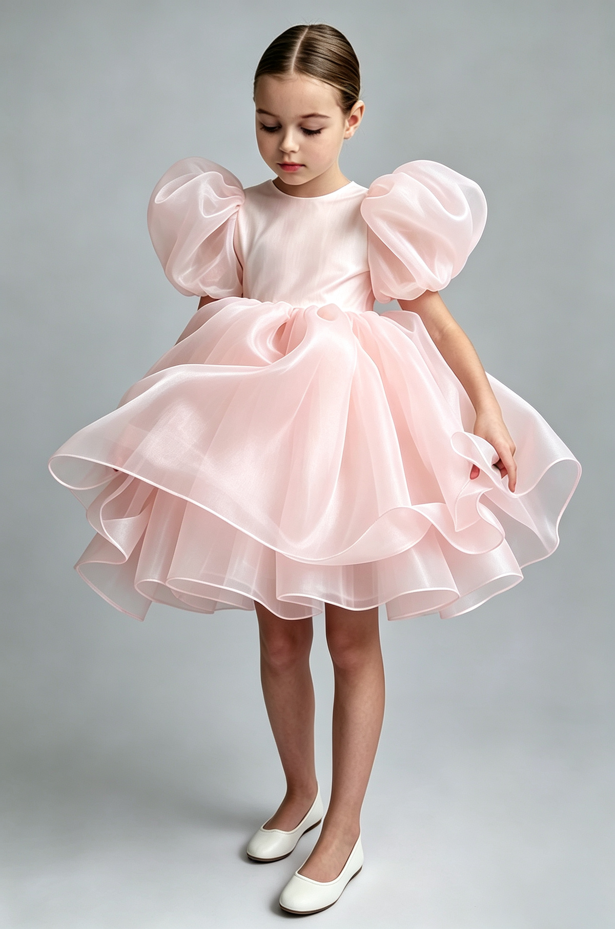 White Organza Puff Sleeve Satin A-Line Flower Girl Formal Dress
