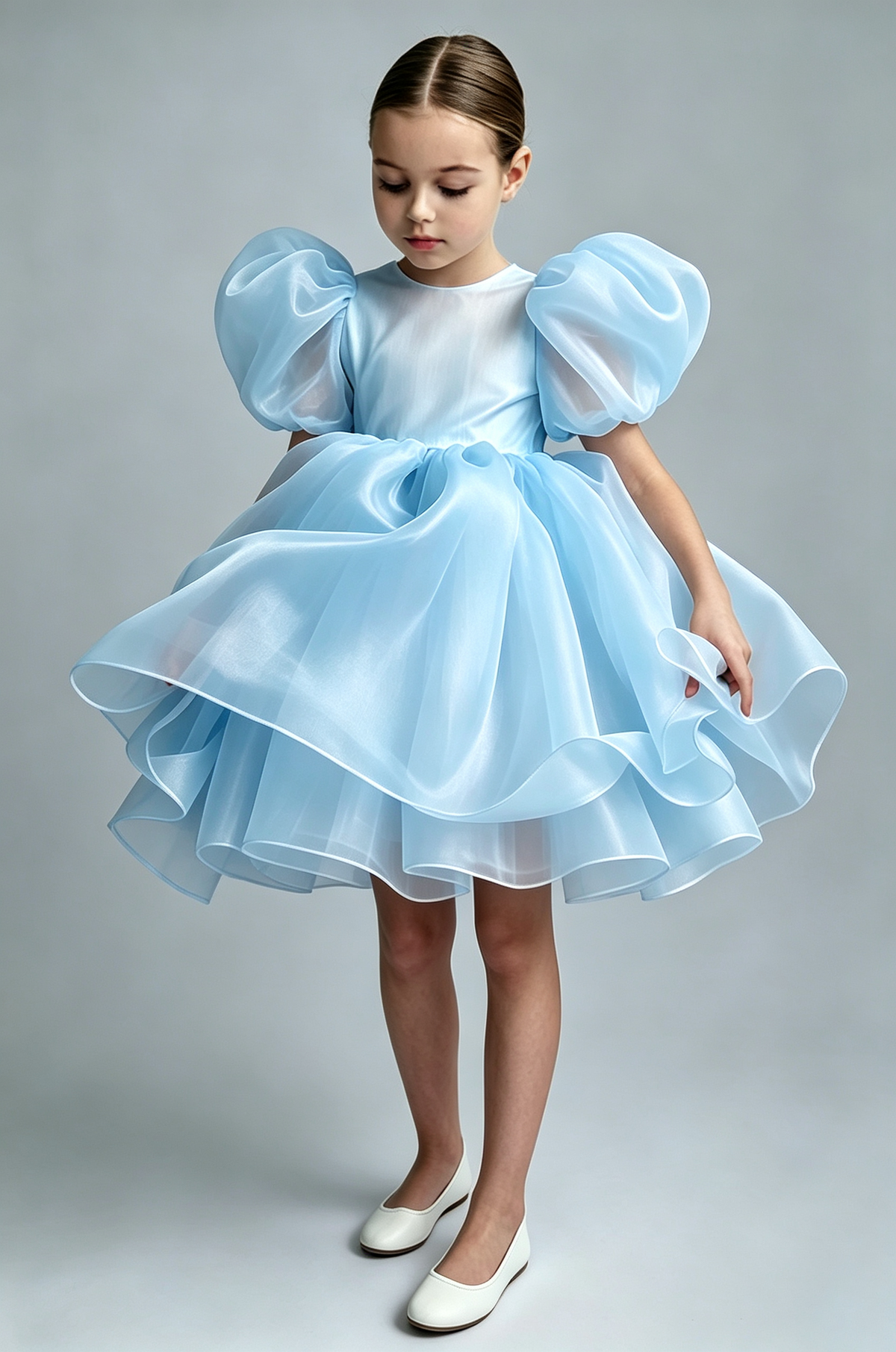White Organza Puff Sleeve Satin A-Line Flower Girl Formal Dress