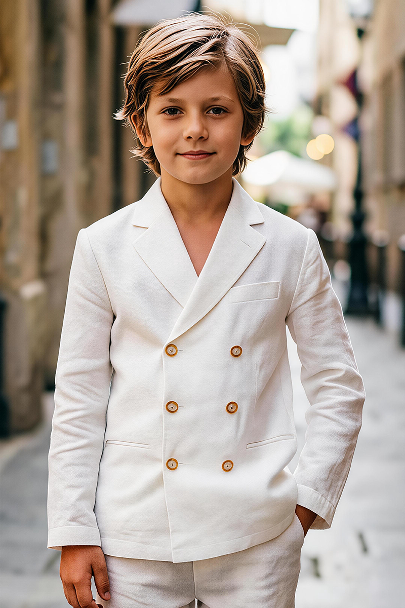 Boys Off White Linen Double Breasted Blazer & Cuffed Trousers 2-Piece Suit