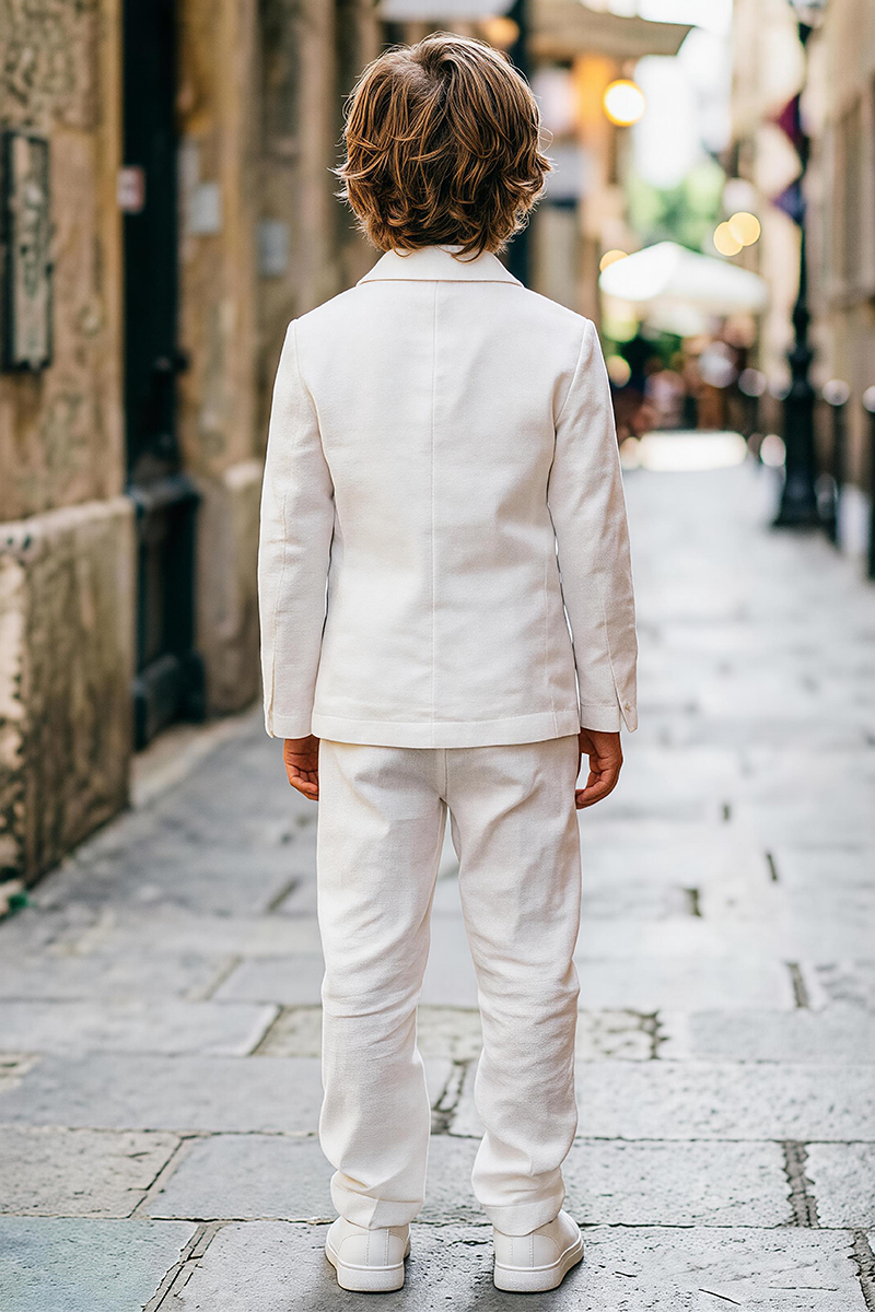 Boys Off White Linen Double Breasted Blazer & Cuffed Trousers 2-Piece Suit