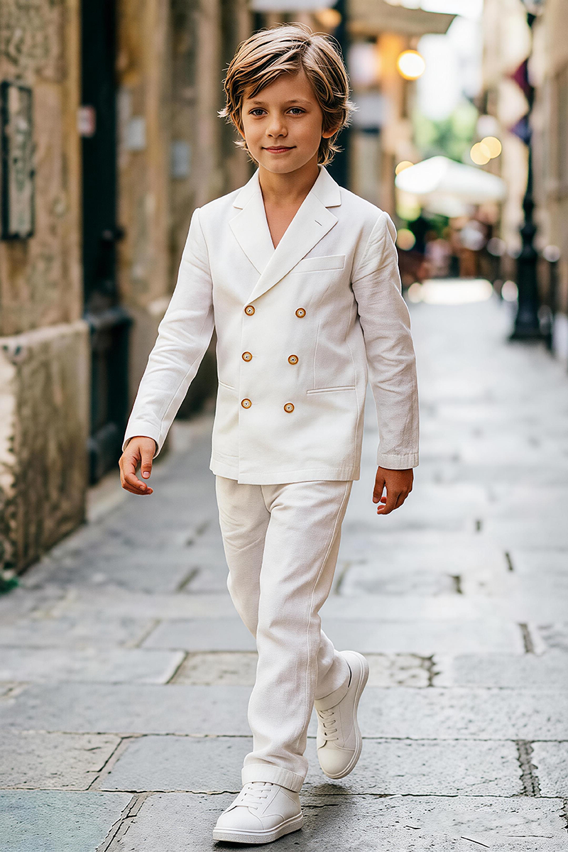 Boys Off White Linen Double Breasted Blazer & Cuffed Trousers 2-Piece Suit