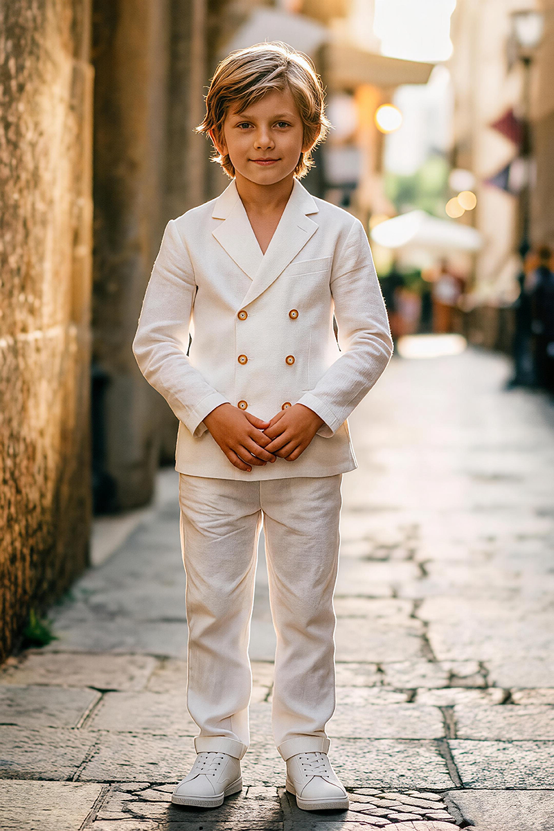 Boys Off White Linen Double Breasted Blazer & Cuffed Trousers 2-Piece Suit