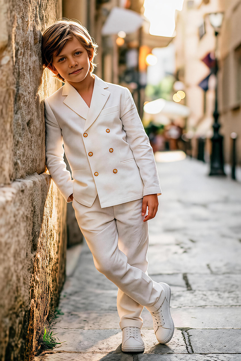 Boys Off White Linen Double Breasted Blazer & Cuffed Trousers 2-Piece Suit