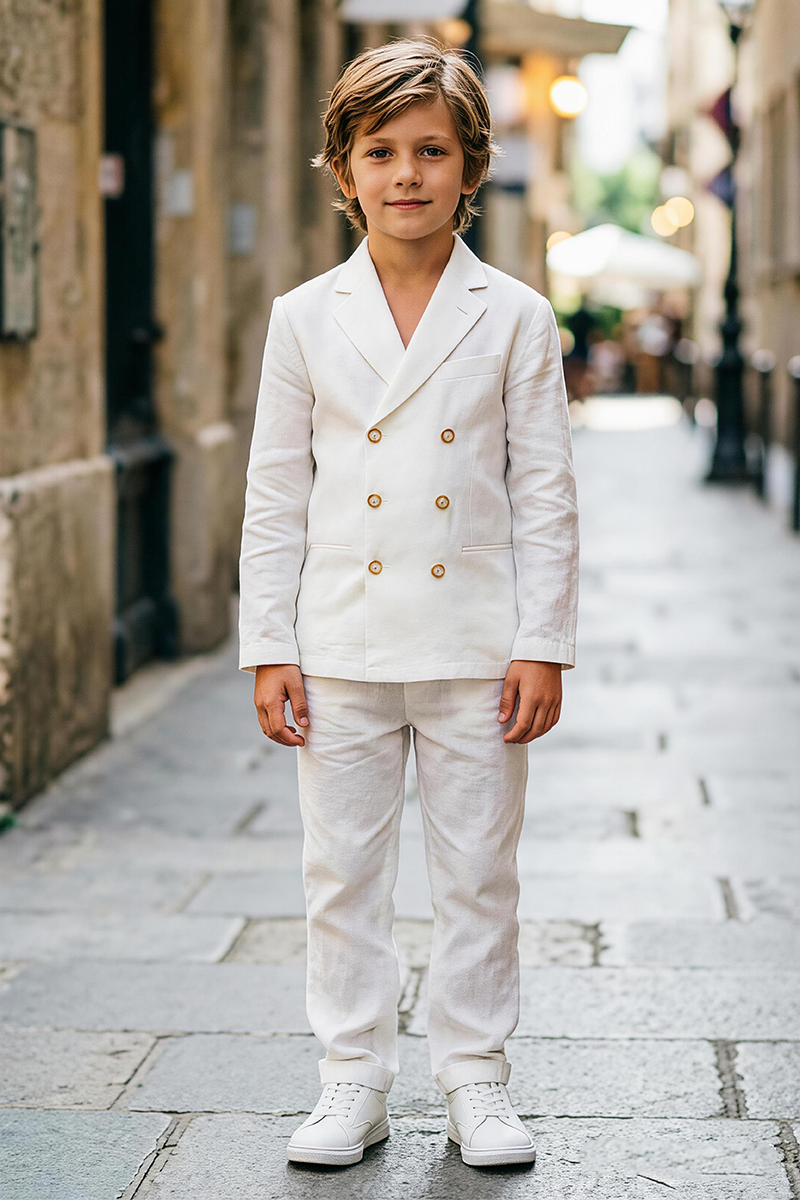 Boys Off White Linen Double Breasted Blazer & Cuffed Trousers 2-Piece Suit