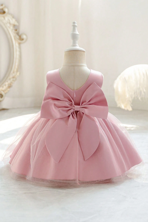 Pink Satin Tulle Bow Sleeveless A-Line Flower Girl Formal Dress