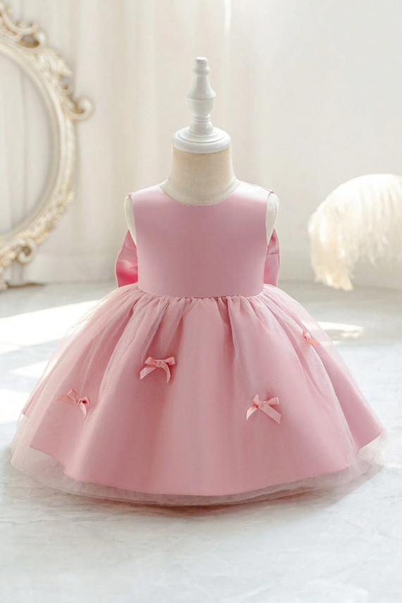 Pink Satin Tulle Bow Sleeveless A-Line Flower Girl Formal Dress
