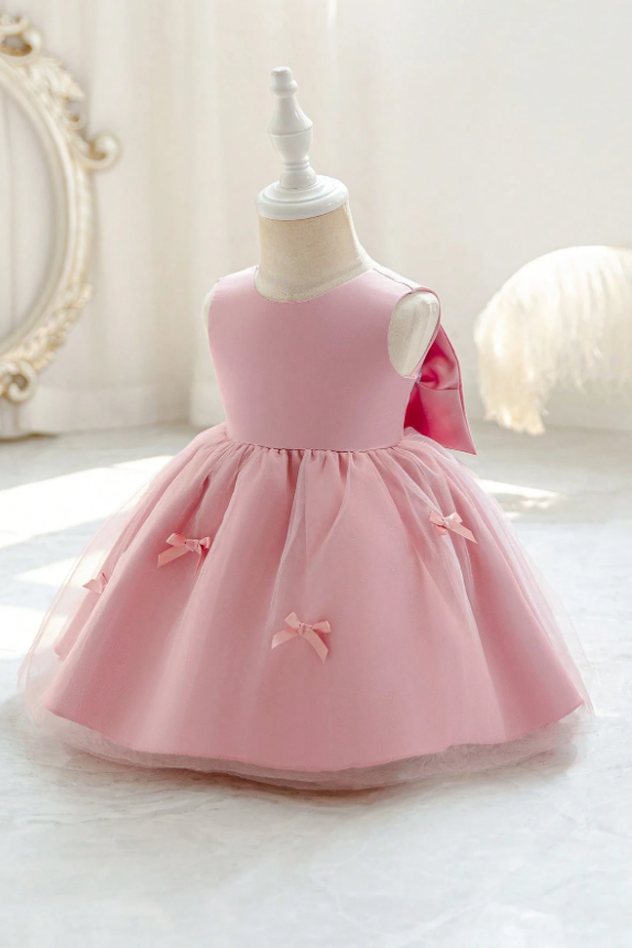 Pink Satin Tulle Bow Sleeveless A-Line Flower Girl Formal Dress
