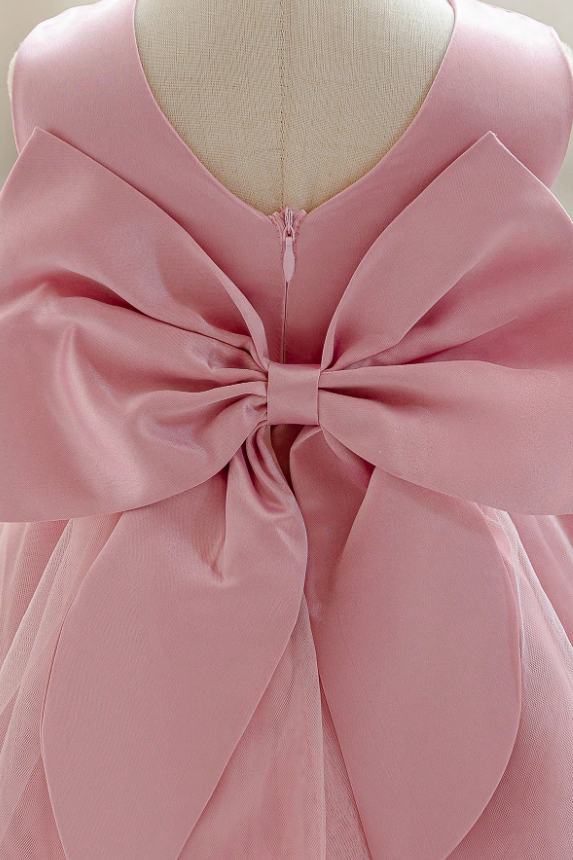 Pink Satin Tulle Bow Sleeveless A-Line Flower Girl Formal Dress