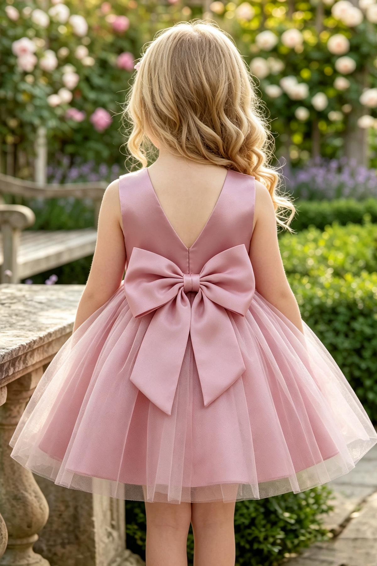 Pink Satin Tulle Bow Sleeveless A-Line Flower Girl Formal Dress