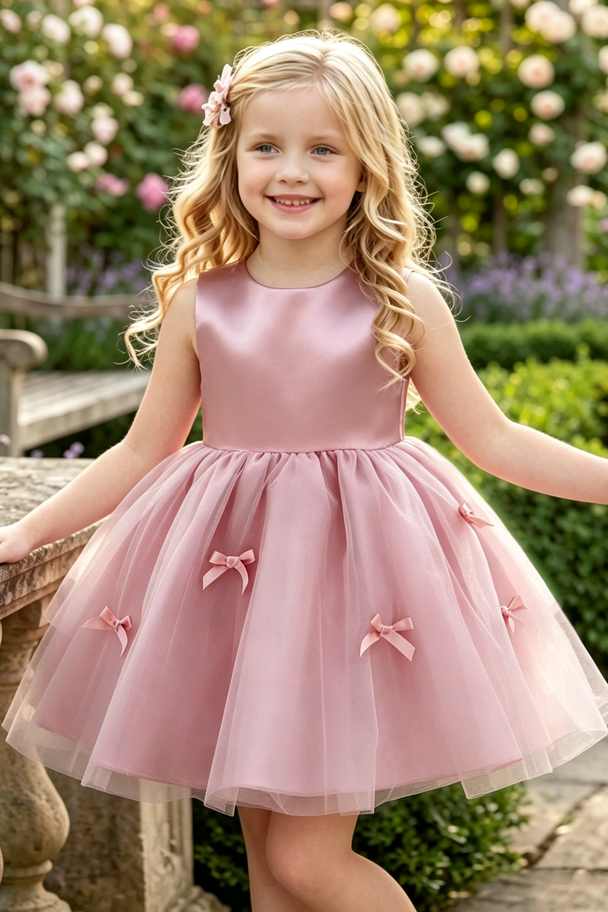 Pink Satin Tulle Bow Sleeveless A-Line Flower Girl Formal Dress