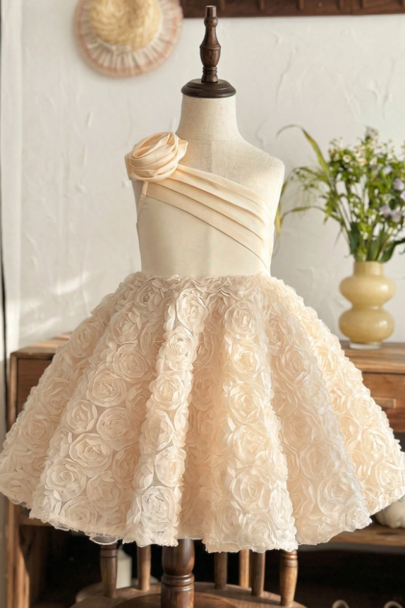 Apricot Satin One Shoulder 3D Rose Floral A-Line Flower Girl Formal Dress