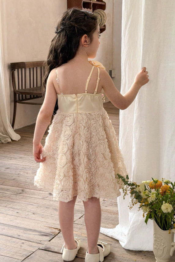 Apricot Satin One Shoulder 3D Rose Floral A-Line Flower Girl Formal Dress