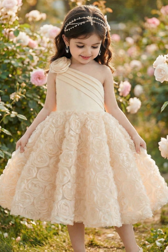 Apricot Satin One Shoulder 3D Rose Floral A-Line Flower Girl Formal Dress