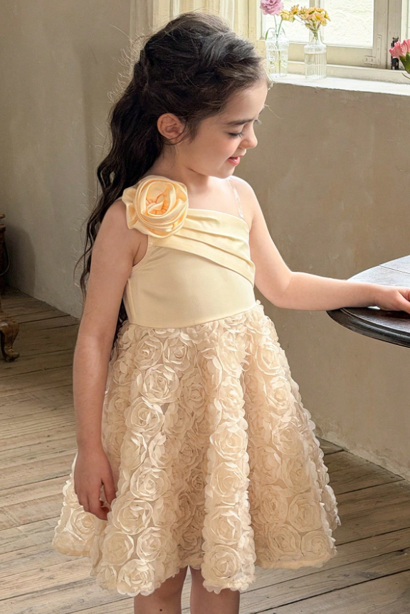 Apricot Satin One Shoulder 3D Rose Floral A-Line Flower Girl Formal Dress