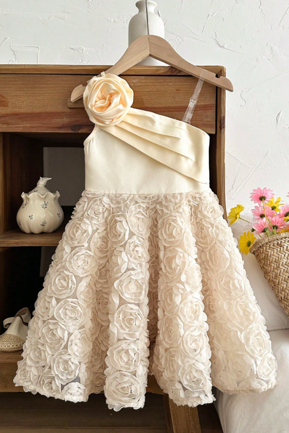 Apricot Satin One Shoulder 3D Rose Floral A-Line Flower Girl Formal Dress