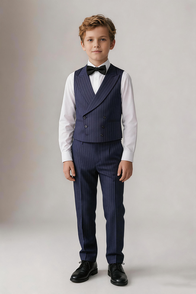 Boys Navy Pinstripe Shawl Lapel Waistcoat & Straight Trousers 2-Piece Suit