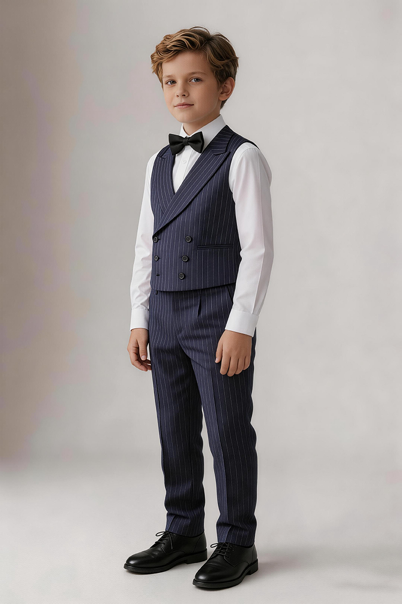 Boys Navy Pinstripe Shawl Lapel Waistcoat & Straight Trousers 2-Piece Suit