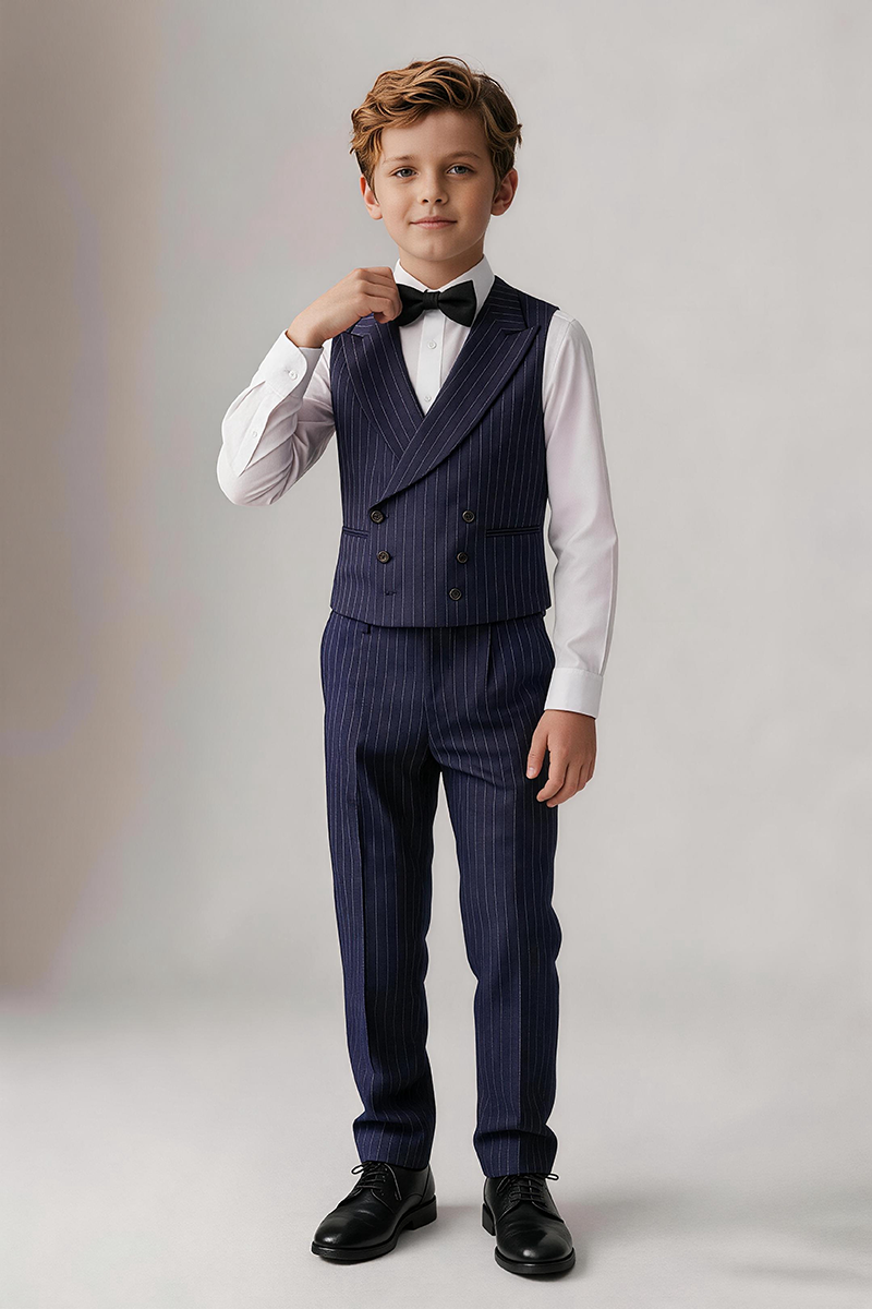 Boys Navy Pinstripe Shawl Lapel Waistcoat & Straight Trousers 2-Piece Suit