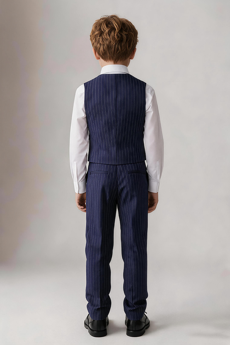 Boys Navy Pinstripe Shawl Lapel Waistcoat & Straight Trousers 2-Piece Suit