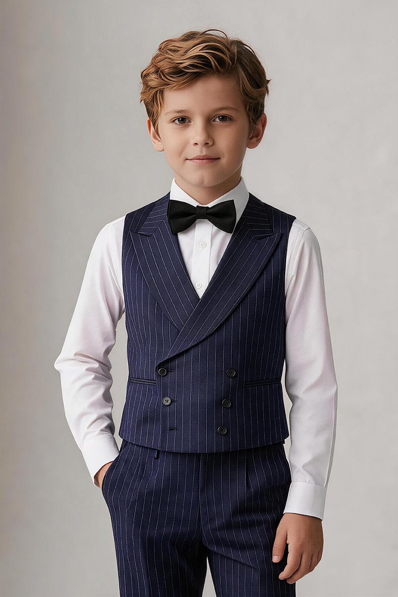 Boys Navy Pinstripe Shawl Lapel Waistcoat & Straight Trousers 2-Piece Suit