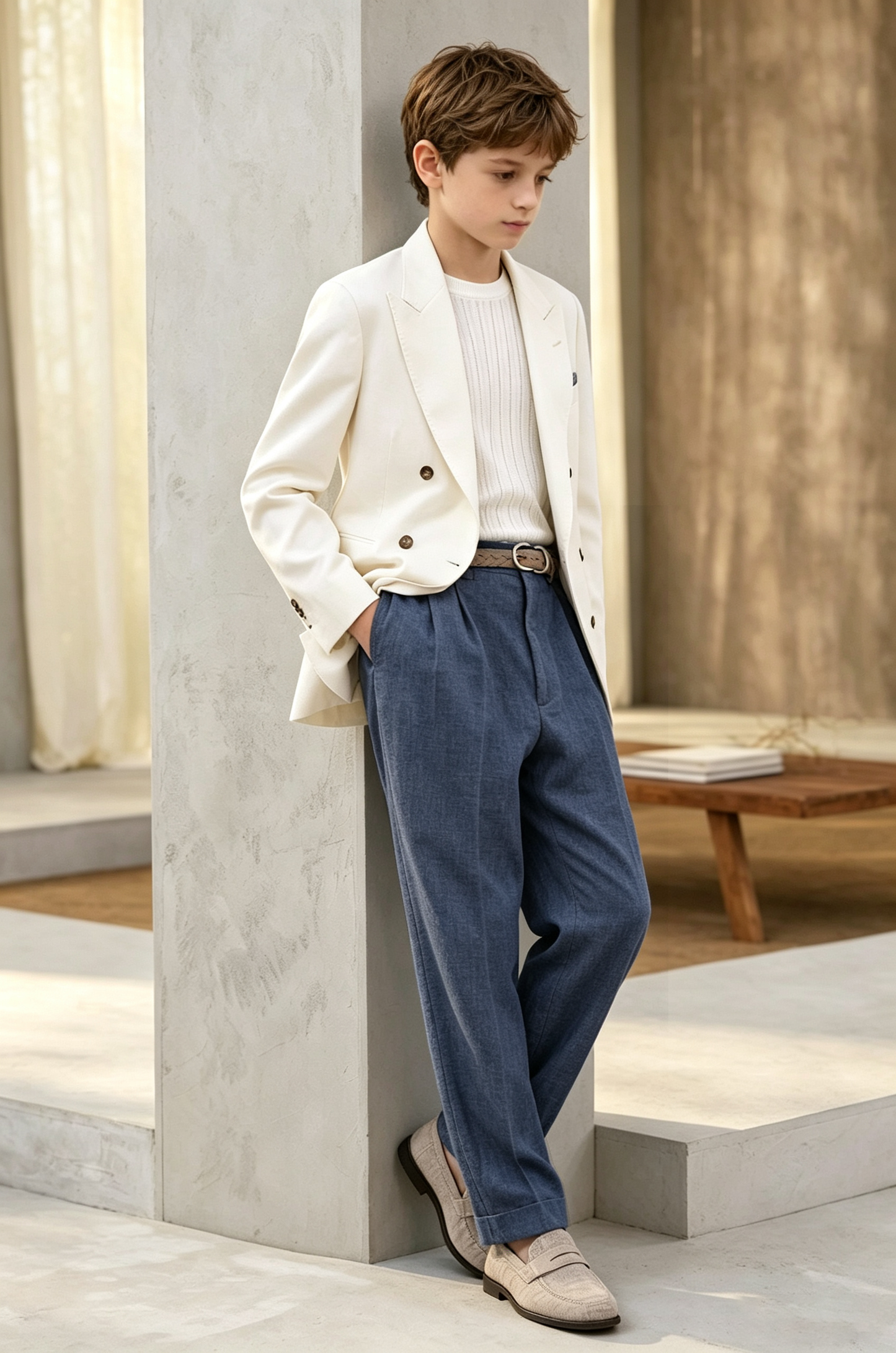Off White & Deep Blue Cotton-Linen Blend Double Breasted Suit 2-Piece Set