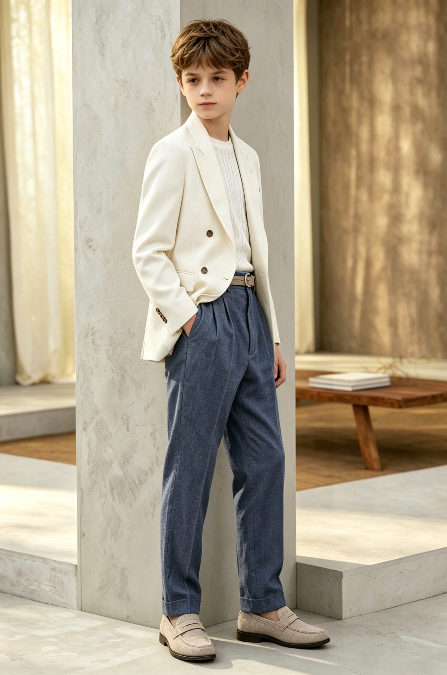 Off White & Deep Blue Cotton-Linen Blend Double Breasted Suit 2-Piece Set
