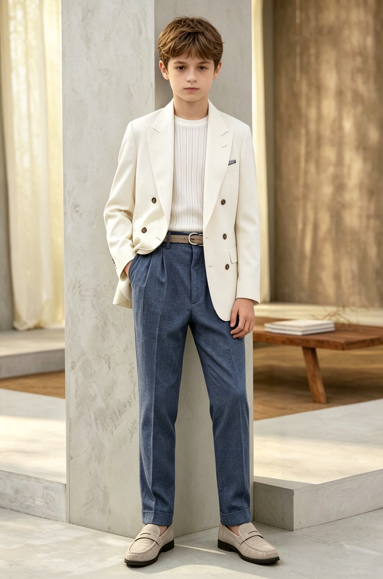 Off White & Deep Blue Cotton-Linen Blend Double Breasted Suit 2-Piece Set
