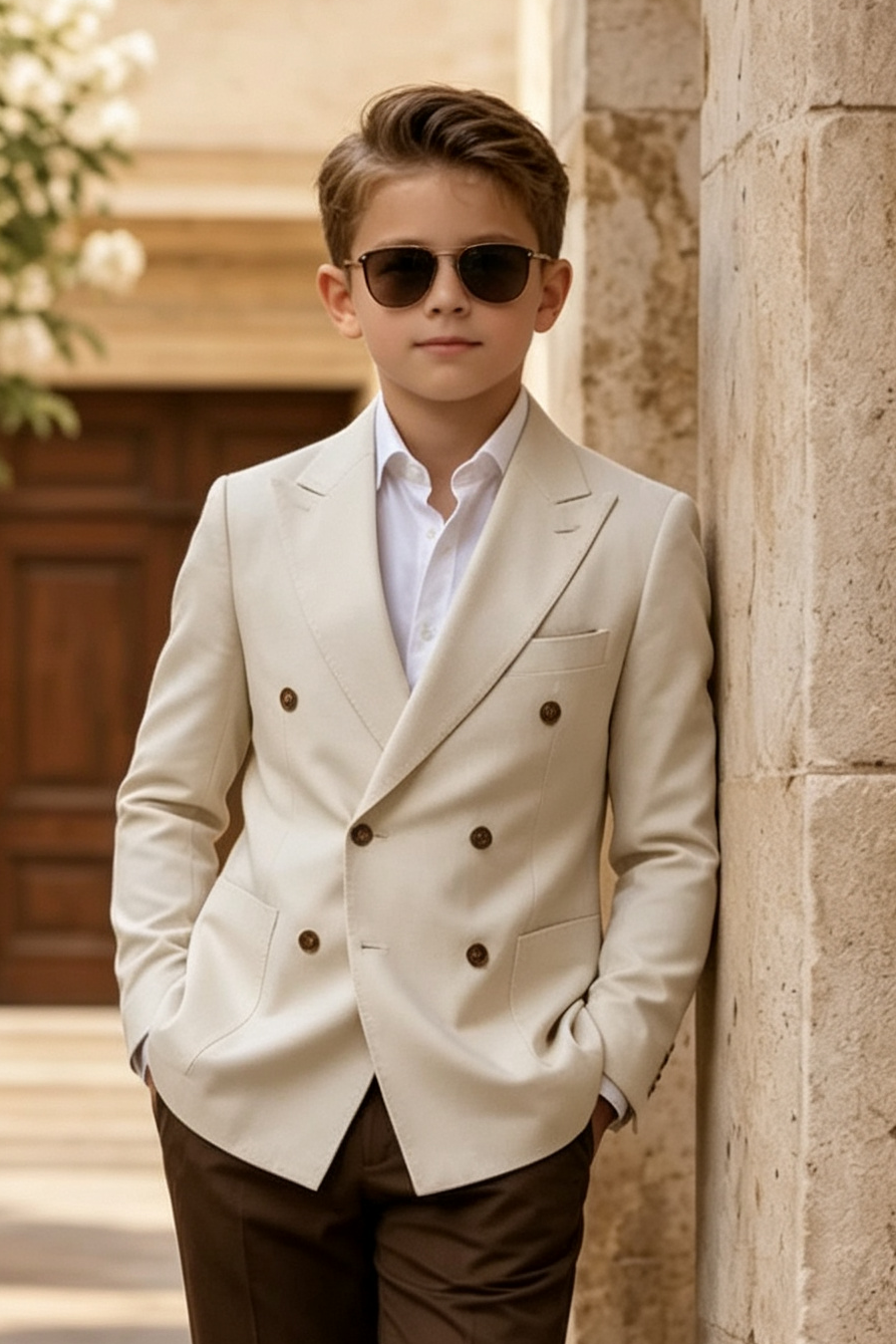 Cream Beige & Dark Brown Cotton-Linen Blend Double-Breasted Suit 2-Piece Set