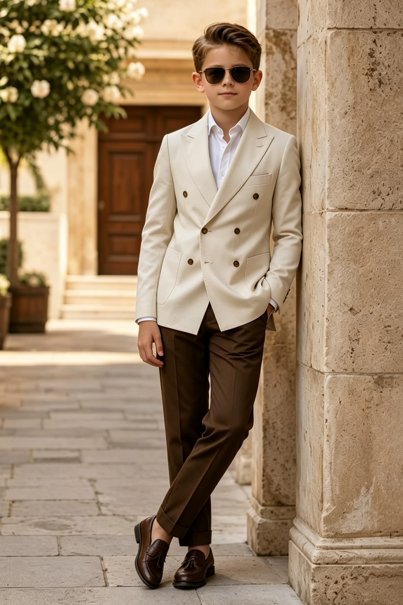Cream Beige & Dark Brown Cotton-Linen Blend Double-Breasted Suit 2-Piece Set