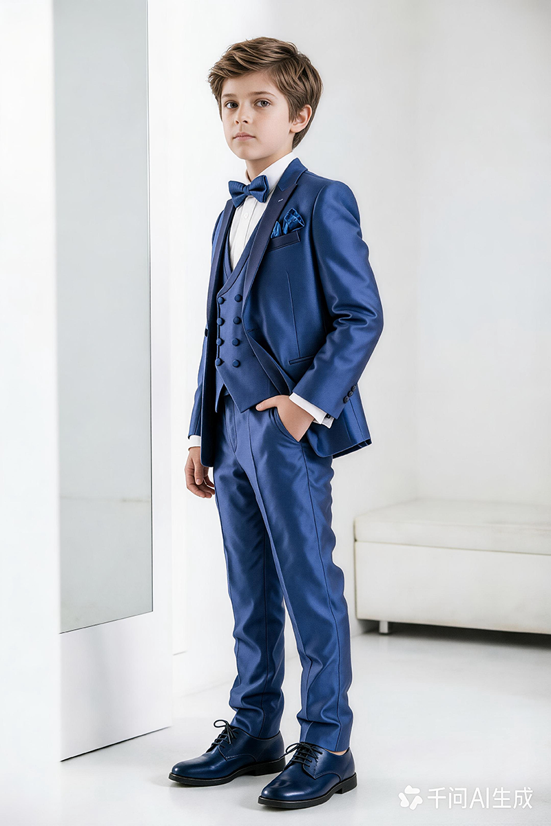 Boys Gloss Royal Blue Satin Shawl Lapel 3-Piece Suit for Wedding