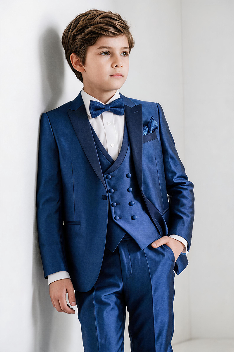 Boys Gloss Royal Blue Satin Shawl Lapel 3-Piece Suit for Wedding