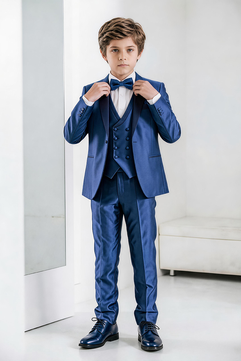 Boys Gloss Royal Blue Satin Shawl Lapel 3-Piece Suit for Wedding