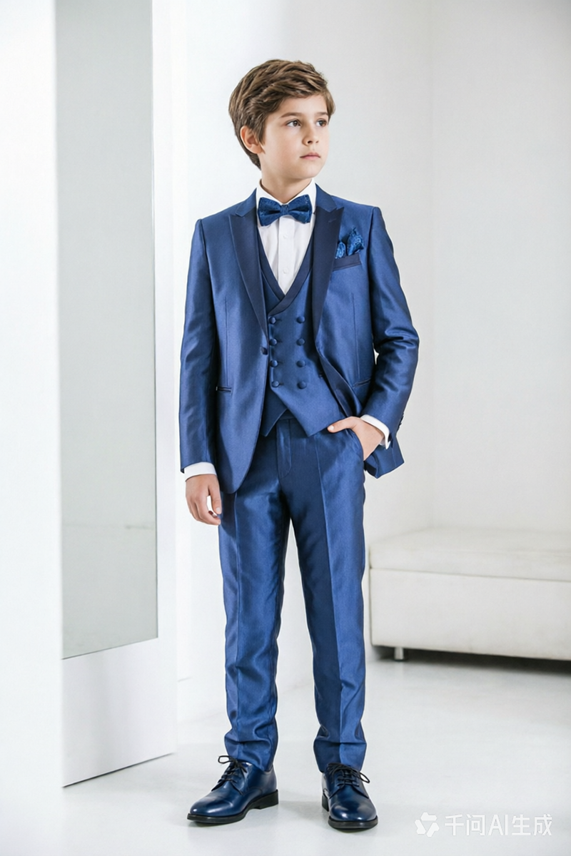 Boys Gloss Royal Blue Satin Shawl Lapel 3-Piece Suit for Wedding