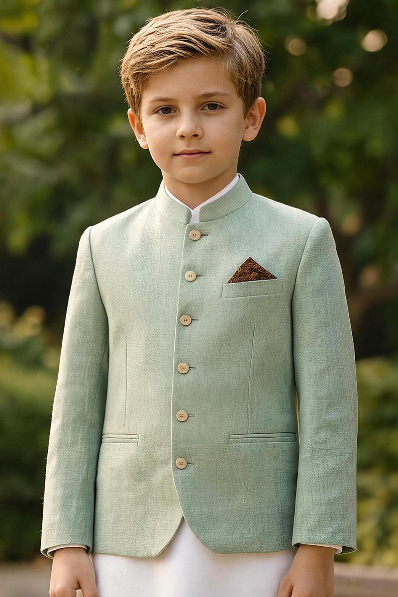 Boys Sage Mandarin Collar Textured Linen Blazer for Weddings