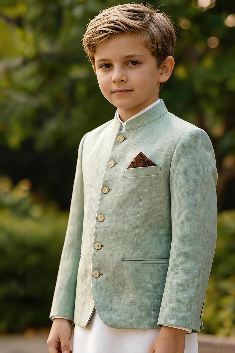 Boys Sage Mandarin Collar Textured Linen Blazer for Weddings