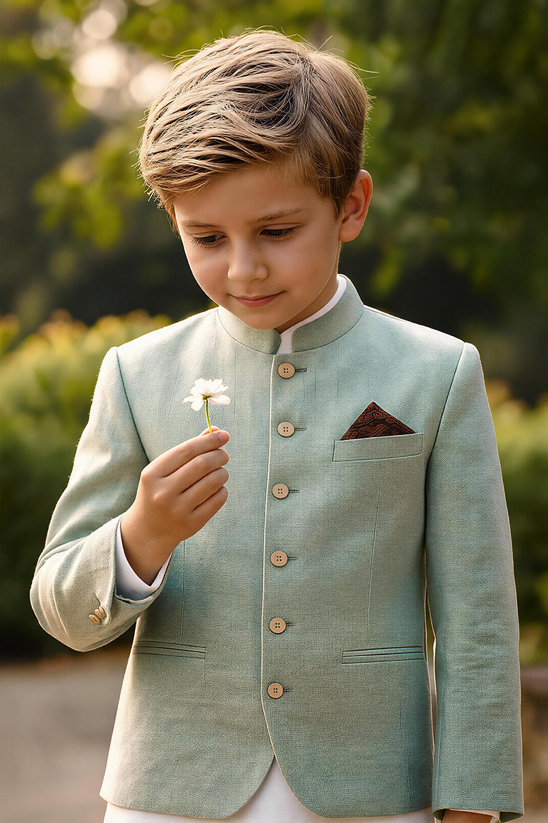 Boys Sage Mandarin Collar Textured Linen Blazer for Weddings