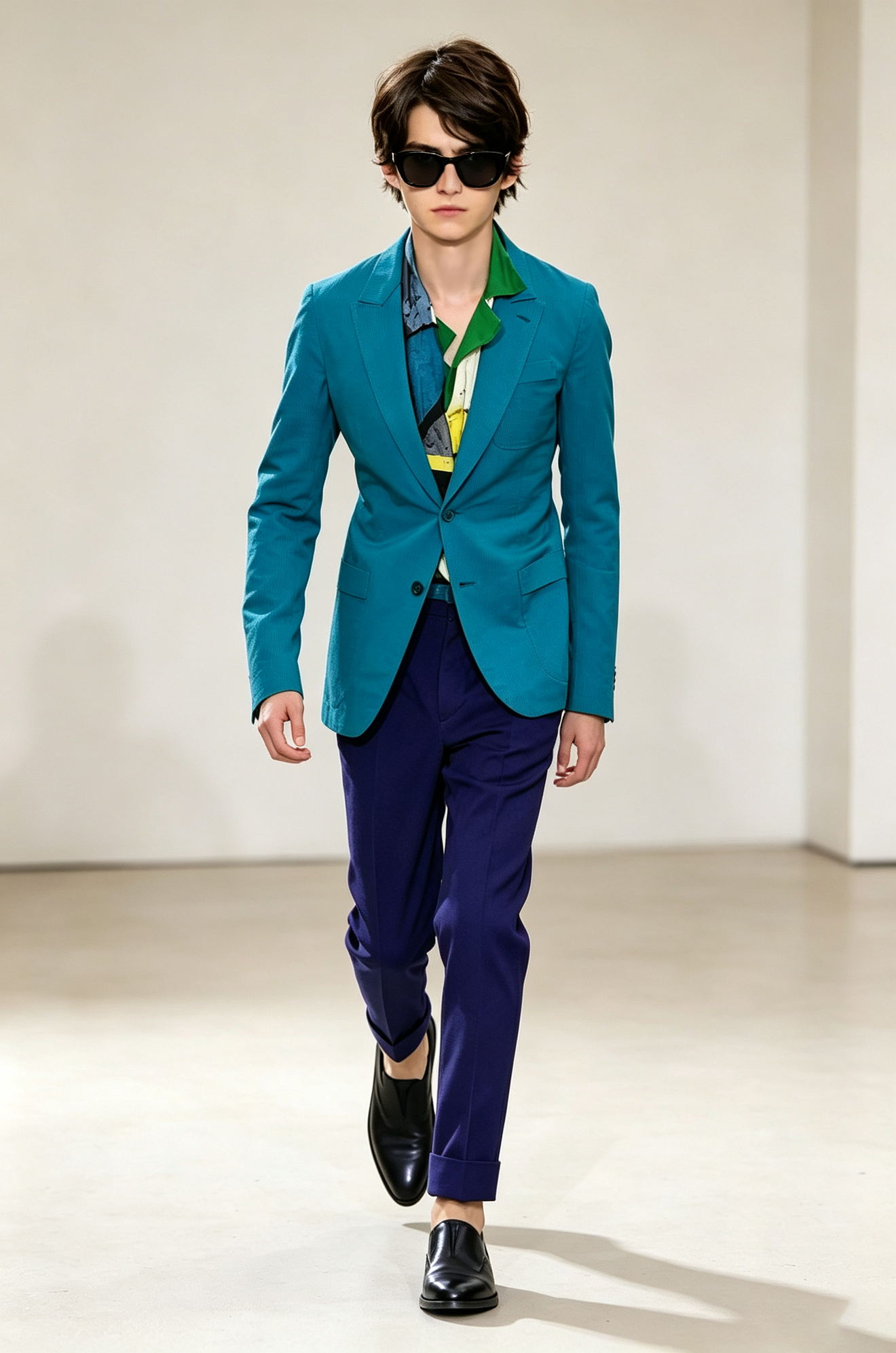 Turquoise & Navy Blue Cotton-Linen Blend Single-Breasted 2-Piece Suit Set