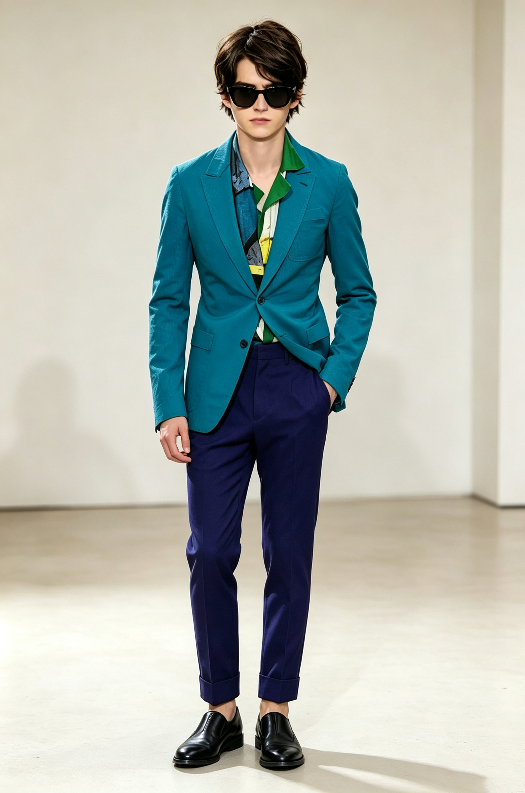 Turquoise & Navy Blue Cotton-Linen Blend Single-Breasted 2-Piece Suit Set