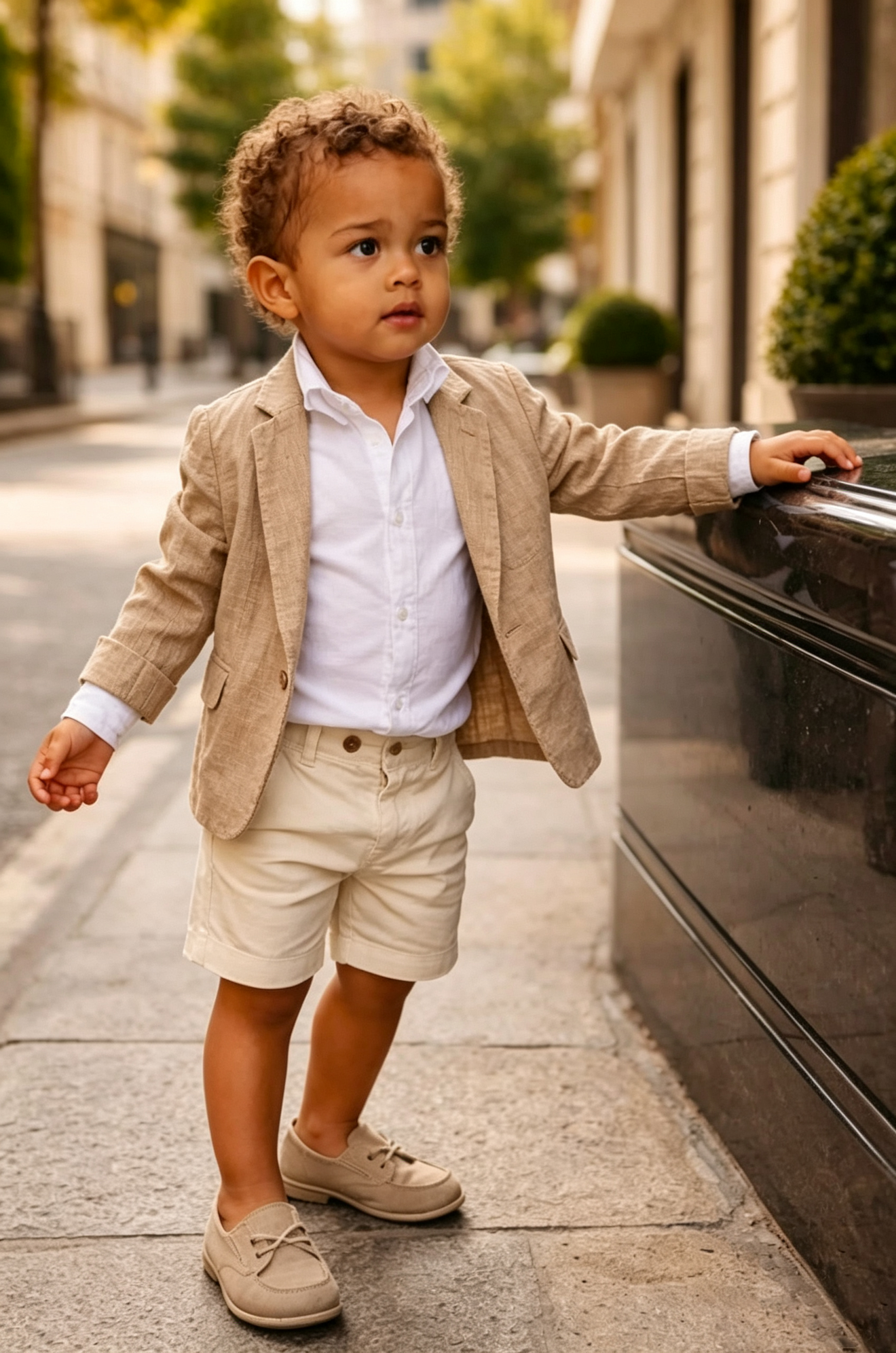 Khaki & Cream Cuffed Shorts Cotton Linen Blend  Single-Breasted Suit 2-Piece Set