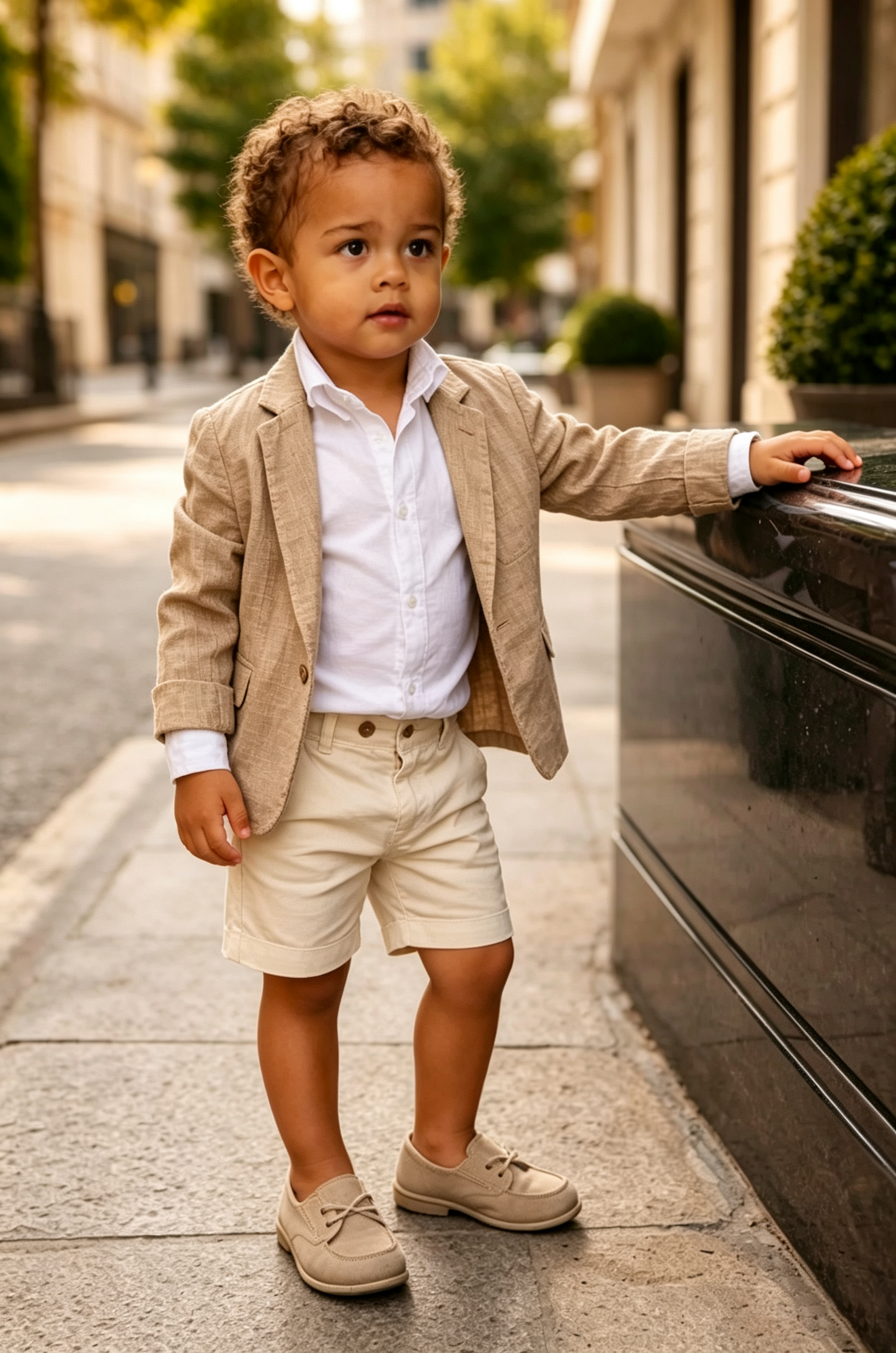 Khaki & Cream Cuffed Shorts Cotton Linen Blend  Single-Breasted Suit 2-Piece Set