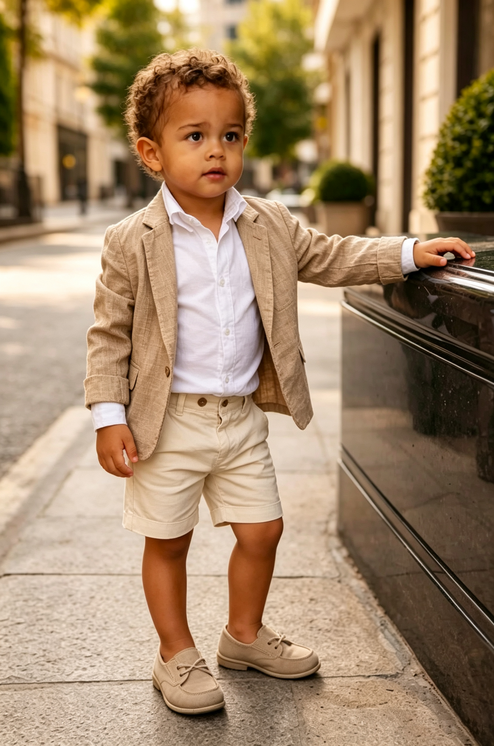 Khaki & Cream Cuffed Shorts Cotton Linen Blend  Single-Breasted Suit 2-Piece Set