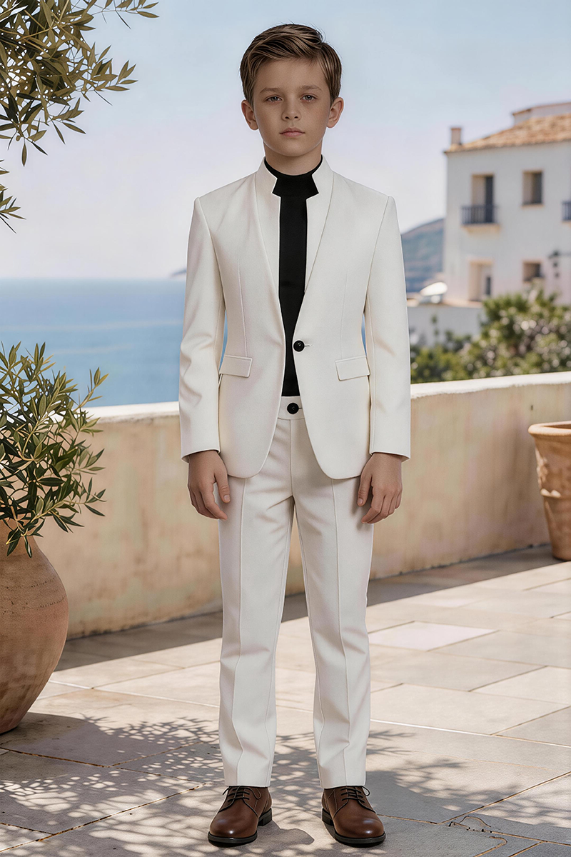 Boys Ivory Stand Collar Single Button Blazer & Straight Trousers 2-Piece Suit