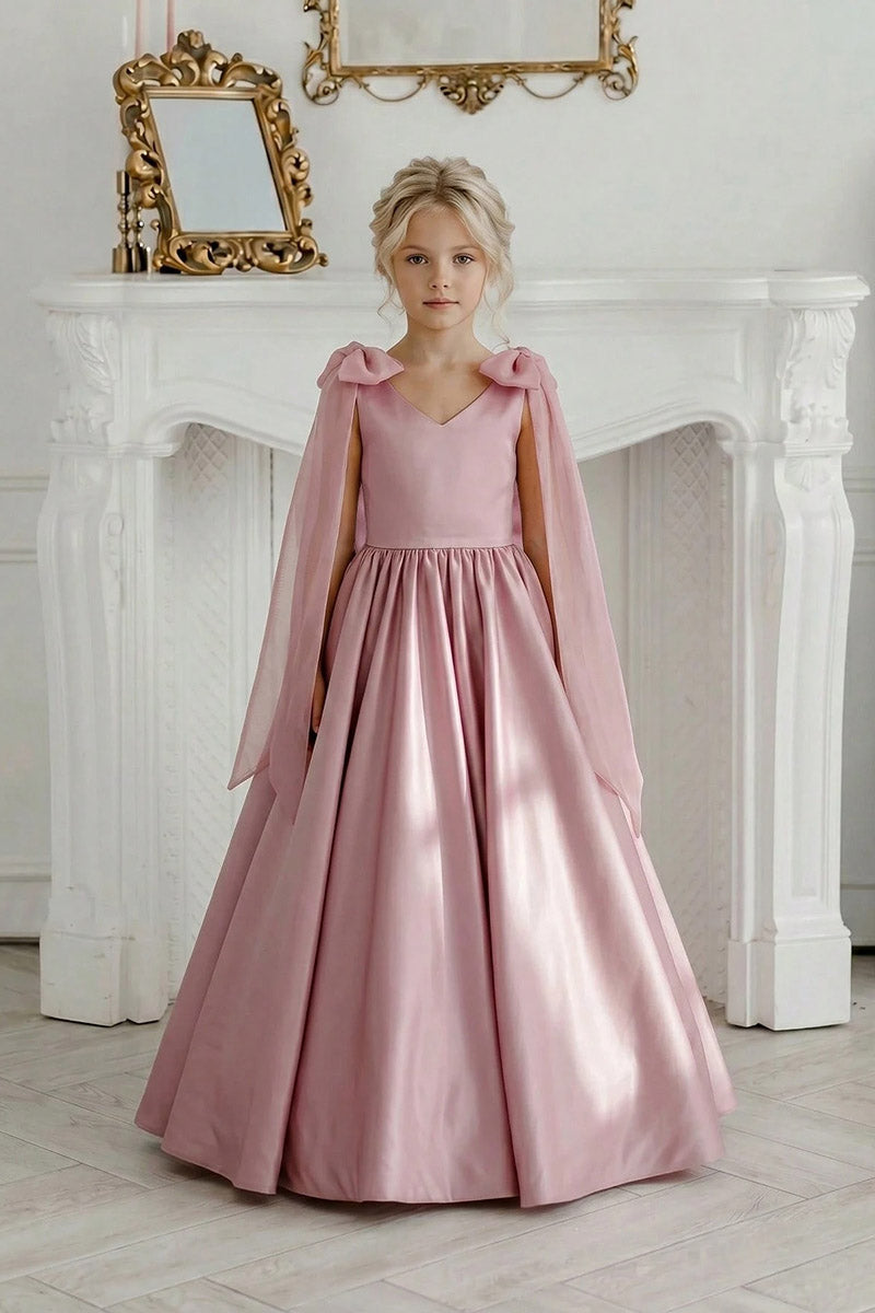 Girls Dusty Pink Satin Floor-Length Gown with Sheer Shoulder Bows & Oversized Back Bow