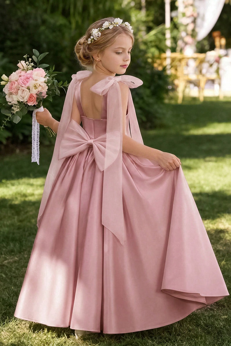 Girls Dusty Pink Satin Floor-Length Gown with Sheer Shoulder Bows & Oversized Back Bow
