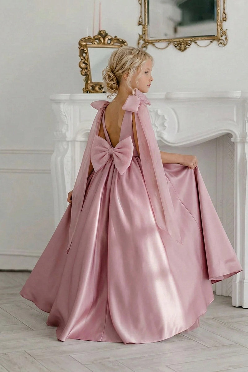 Girls Dusty Pink Satin Floor-Length Gown with Sheer Shoulder Bows & Oversized Back Bow