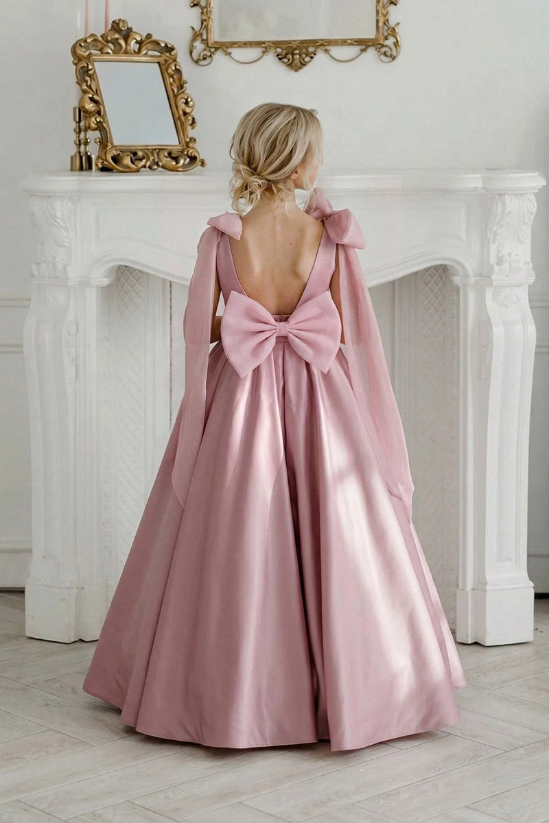 Girls Dusty Pink Satin Floor-Length Gown with Sheer Shoulder Bows & Oversized Back Bow