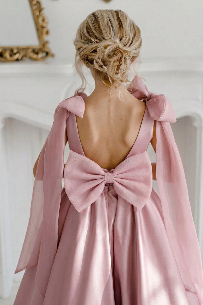 Girls Dusty Pink Satin Floor-Length Gown with Sheer Shoulder Bows & Oversized Back Bow